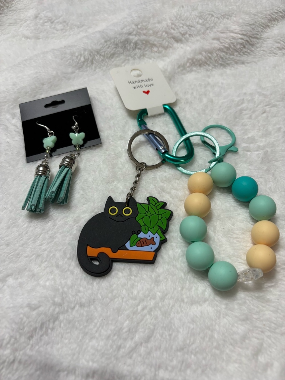 Handmade Teal Butterfly and Tassel Earrings with Beaded Keychain